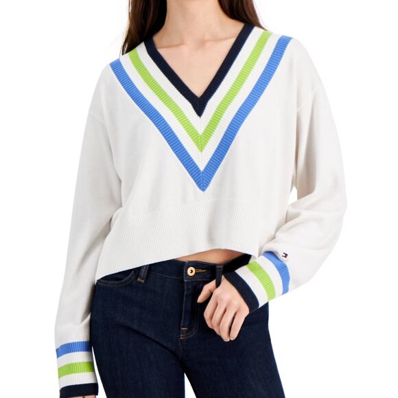 Tommy Hilfiger Womens V Neck Cropped Crop Sweater - Picture 3 of 7